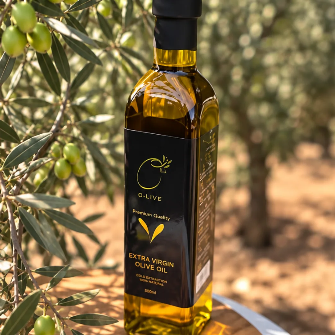 O-Live 500 ml bottle among the olive trees